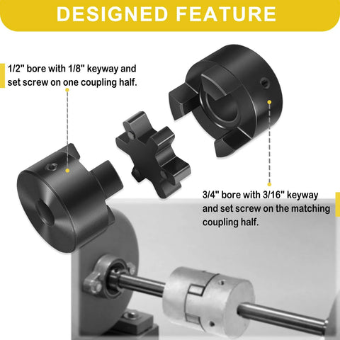 This L-Jaw flexible coupling set ensures smooth, backlash-free power transfer between 1/2 and 3/4 inch shafts with keyways and set screws
