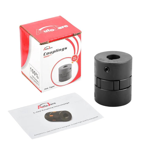 Efficient L075 3 piece L-Jaw coupling set with 5/8 inch bore and 3/16 inch keyway, HT250 steel, with packaging and manual.