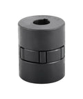Front view of black metal 5/8–3/4 in L-jaw flexible coupling; three-piece with rubber spider