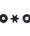 3-piece L-jaw coupling set with rubber spider; two black round couplers and center spider, 5/8–3/4 in