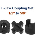 L Jaw Coupling Set Half Inch To Five Eighth Inch Bore With Buna N NBR Rubber Spider And HT250 Steel Includes Set Screws