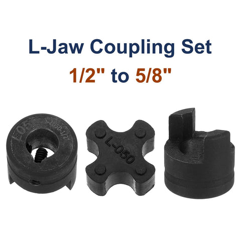 L Jaw Coupling Set Half Inch To Five Eighth Inch Bore With Buna N NBR Rubber Spider And HT250 Steel Includes Set Screws