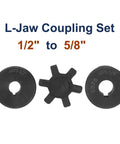 Flexible 1/2 to 5/8 inch L Jaw Coupling Set with Buna N NBR spider shown with bore sizes and spider component, HT250 steel
