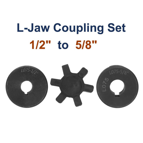 Flexible 1/2 to 5/8 inch L Jaw Coupling Set with Buna N NBR spider shown with bore sizes and spider component, HT250 steel