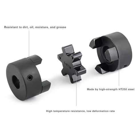 Three-piece L-jaw coupling set with rubber spider, black; for 5/8 in to 3/4 in shafts; HT250 steel components