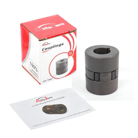 Flexible 3 piece L075 L-Jaw coupling set with Buna NBR spider and HT250 steel construction next to packaging box.