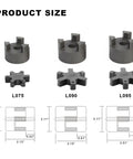 Efficient torque transfer and vibration dampening with the L090 3-Piece L-Jaw Coupling Set size comparison diagram