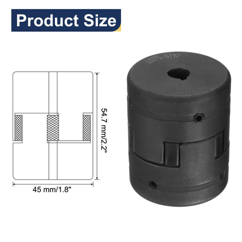 Diagram and photo of Two Pack Flexible L Jaw Coupling Set One Half To Three Eighths Inch Three Piece Coupler With Buna N Rubber Spider
