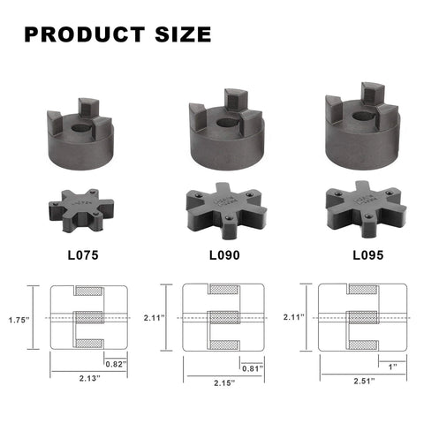 1/2" to 1" L075 Flexible 3-Piece L-Jaw Coupling Coupler Set & Buna-N NBR Rubber Spider for Log Wood Splitter sizes