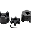 L Jaw Flexible Coupling 1 Inch Bore Three Piece With Rubber Spider for log splitters, HT250 cast iron, corrosion-resistant black finish