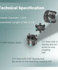 Technical specs of One Half To Three Quarters Inch L Jaw Flexible Shaft Coupling Set With Buna N Spider shown in 3 pieces