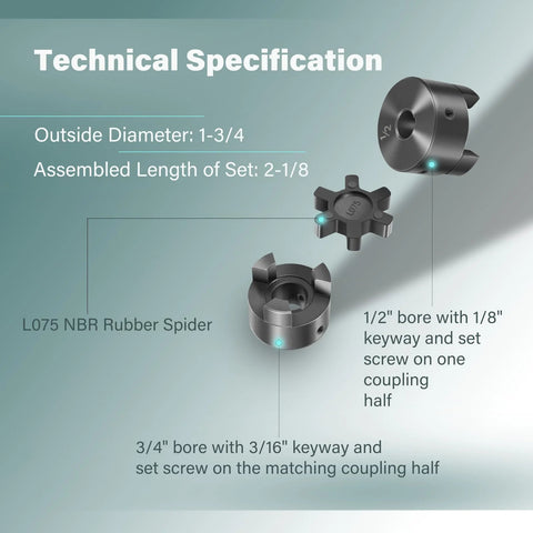 Technical specs of One Half To Three Quarters Inch L Jaw Flexible Shaft Coupling Set With Buna N Spider shown in 3 pieces