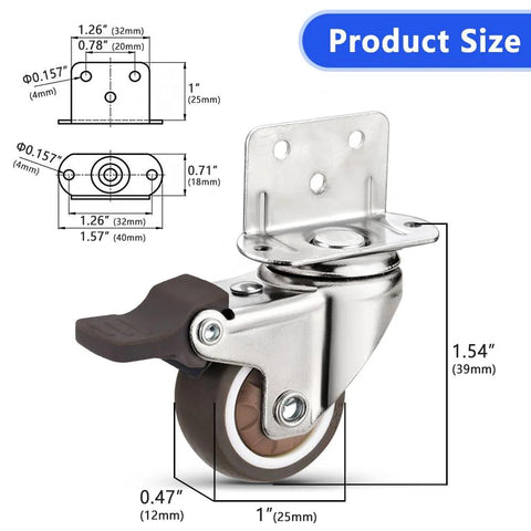 Heavy Duty Casters Set Of 4 With Brake For Baby Beds Carts And Cabinets 1 Inch L Shape Side Mount TPR Plate Wheels