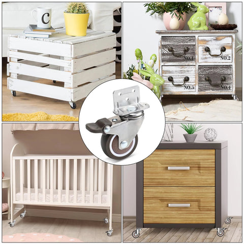 8 Pack 2 Inch L Shape Caster Wheels With Brakes And Without Brakes shown on furniture including table, dresser, crib, and cabinet