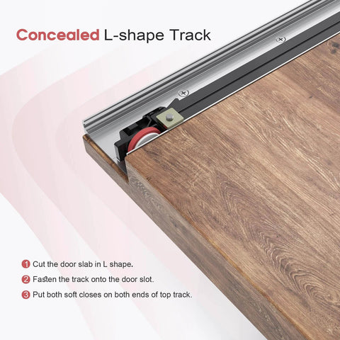 Close-up of concealed L-shape track from 36" Concealed Sliding Barn Door Hardware Kit with Soft Close for 28in passage opening