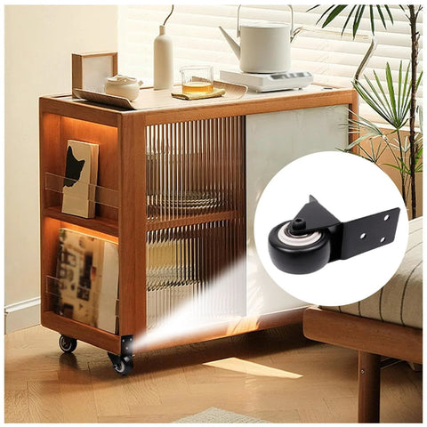 2-Inch L-Shaped Caster Wheel Set 4-Pack Heavy Duty Side Mount Casters With PU Rubber Wheels No Noise For Bed Cabinet Plant Stand Furniture Up To 150 Kg 330 Lbs Capacity Includes Screws For Easy Install shown under a wooden cabinet.