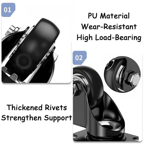 2-Inch L-Shaped Caster Wheel Set 4-Pack Heavy Duty Side Mount Casters With PU Rubber Wheels No Noise For Bed Cabinet Plant Stand Furniture Up To 150 Kg 330 Lbs Capacity Includes Screws For Easy Install close-up of PU material and rivets