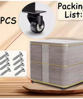 Packing list shows 2-Inch L-Shaped Caster Wheel Set 4-Pack Heavy Duty Side Mount Casters With PU Rubber Wheels and screws