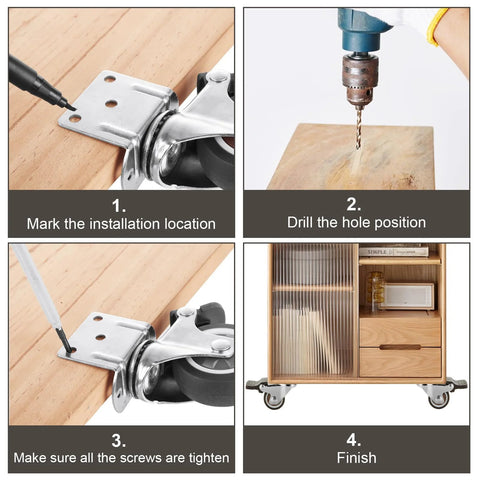 Installation steps for 8 Piece Set 2 Inch L Shaped Caster Wheels With Brakes Side Mount Casters With Screws Locking Swivel No Noise TPR Rubber Wheel 360 Degree Silent Castors For Furniture Baby Beds Cabinets Up To 660 Lbs
