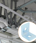 Durable two-hole L-shaped connector bracket for 1-5/8 inch strut channels with a 1/2 inch bolt, shown installed on ceiling pipes.