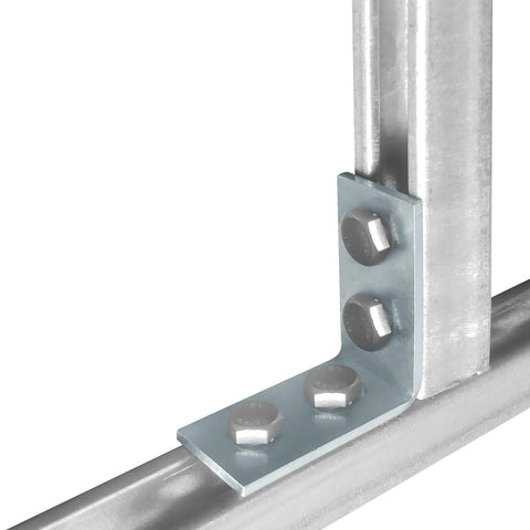 Six Piece L Shaped Connector Brackets For One And Five Eighth Inch Strut Channel Four Hole 90 Degree Angle Fittings Three Sixteenth Inch Thick Silver Fits Half Inch Bolt installed view
