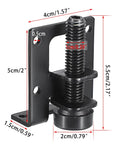Close-up of one adjustable L shaped furniture leveling foot with heavy duty bracket and dimensions shown for stable height control.