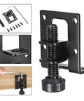 Four-pack adjustable L shaped furniture leveling feet with heavy duty brackets installed on wooden surface, includes mounting kit.
