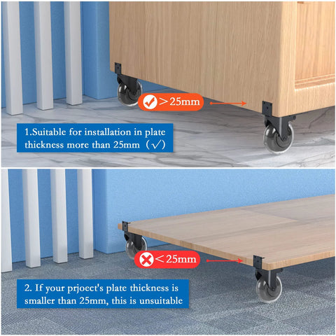 3 Inch L Shaped Plate Casters, 4 Pack Side Mount Lockable Furniture Caster Wheels With Non Marking Polyurethane, installed on cabinets