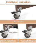 Installation instruction for 2 Inch L Shaped Swivel Plate Casters With Brakes, showing mounting on wooden furniture.