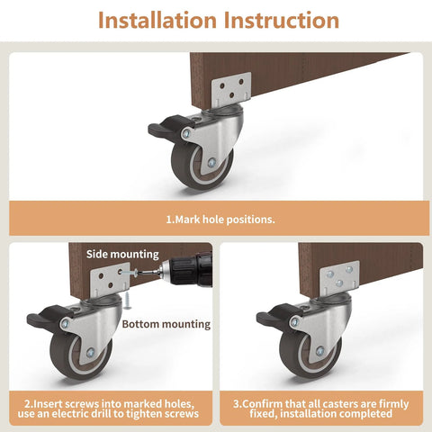 Installation instruction for 2 Inch L Shaped Swivel Plate Casters With Brakes, showing mounting on wooden furniture.