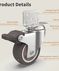 Close-up view of 2 Inch L Shaped Swivel Plate Casters with Brakes, TPR Silent Furniture Wheels with steel bracket, suitable for cabinets.
