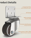 Close-up of one inch small L shaped plate caster swivel furniture wheel with steel bracket and silent TPR, wear resistant.