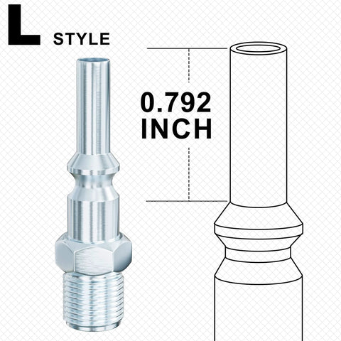 Diagram and close-up of an L Style 1 Quarter Inch Air Hose Fittings Kit coupler showing dimensions