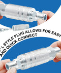 Hands holding L Style 1 Quarter Inch Air Hose Fittings Kit With Fourteen Pieces Quick Connect Couplers And Plugs.