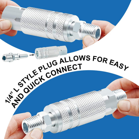 Hands holding L Style 1 Quarter Inch Air Hose Fittings Kit With Fourteen Pieces Quick Connect Couplers And Plugs.