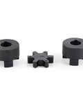 Three Piece L075 L-Jaw Coupling for Three Quarter Inch Shafts combines HT250 steel with a Buna-N NBR spider, showing two halves and spider.