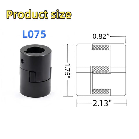 Flexible L075 3-Piece L-Jaw coupling kit with an NBR rubber insert, showing dimensions, compact drives, and smooth torque transfer