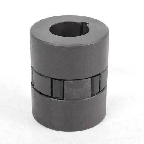 Flexible 3 piece L075 L-Jaw coupling set with Buna NBR spider shown in a vertical view, HT250 steel construction.