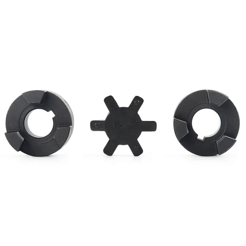 Three Piece L075 L-Jaw Coupling for Three Quarter Inch Shafts with HT250 steel and Buna-N NBR spider, 3-piece set shown