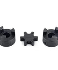 Three Piece L075 L-Jaw Coupling for Three Quarter Inch Shafts with HT250 steel and Buna-N NBR spider, front view of components