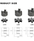 Product size chart showing L075, L090, L095 coupling sets with hubs and NBR rubber inserts, dimensions and specifications.