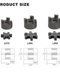 Flexible 3 piece L075 L-Jaw coupling set with Buna NBR spider, HT250 steel, product size comparison for motion control systems.