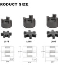 Flexible 3-Piece L075 L-Jaw Coupling Set With Buna-N NBR Rubber Spider, 1/2 To 5/8 Inch Bore, size comparison with other models.