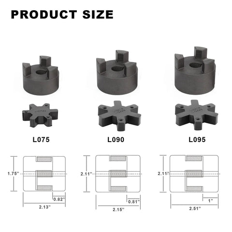 Flexible 3-Piece L075 L-Jaw Coupling Set With Buna-N NBR Rubber Spider, 1/2 To 5/8 Inch Bore, size comparison with other models.