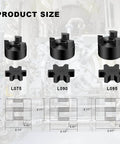 Diagram showing various L-Jaw flexible couplings including L075 for 1/2" to 3/4" shafts with sizing details for hybrid equipment