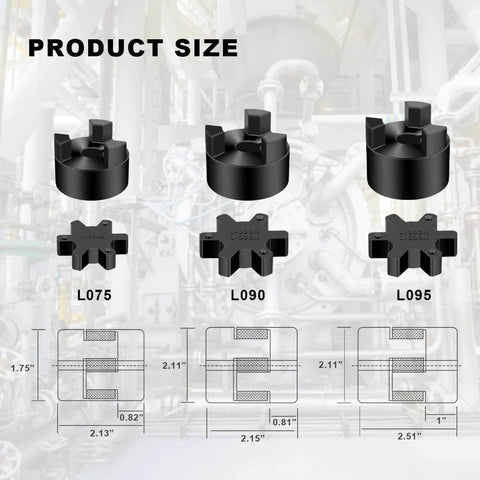 Diagram showing various L-Jaw flexible couplings including L075 for 1/2" to 3/4" shafts with sizing details for hybrid equipment