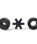 Efficient torque transfer and vibration dampening with the L090 3-Piece L-Jaw Coupling Set, featuring Buna N rubber insert, HT250 steel halves.