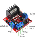 L298N Motor Drive Controller Board with inputs labeled, part of Two Sets DC Gearbox TT Motors with 200 RPM Output at 3 to 6 V kit
