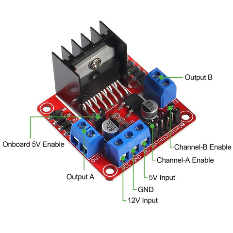 L298N Motor Drive Controller Board with inputs labeled, part of Two Sets DC Gearbox TT Motors with 200 RPM Output at 3 to 6 V kit