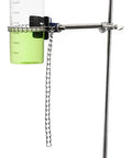Heavy Duty Lab Clamp With Vinyl Coated Chain And Stainless Steel Rod 8 Inch Jaw holding a beaker, ideal for lab use